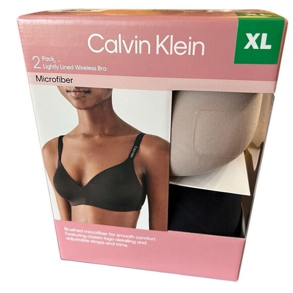 CALVIN KLEIN Bras 2-Pack XL Lightly Lined Wireless Microfiber Black Gray NWT - Picture 1 of 8